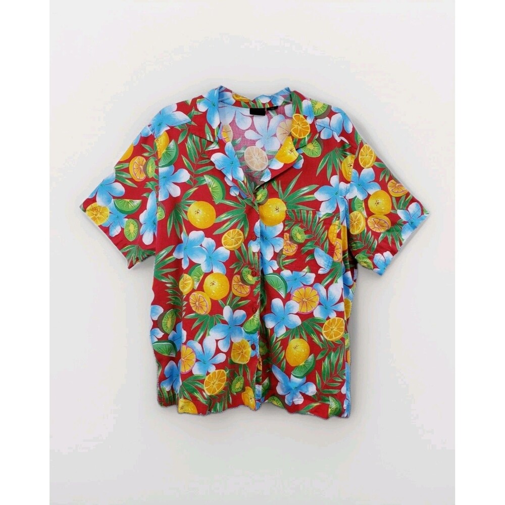 Vintage Erika Fruitcore Button Up Shirt Women's 2X Red Multi Citrus Kiwi Floral